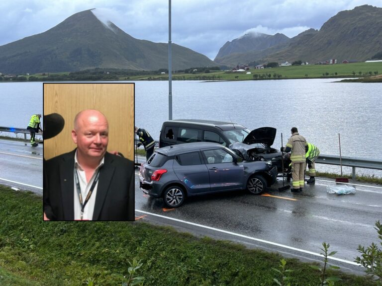 Ulykken skjedde på E10 ved Opdøl Montessoriskole i september i fjor. Nå er Reidar Samuelsen frikjent etter å ha blitt anklaget for uaktsom kjøring. Foto: Montasje / Eirik Husøy / privat